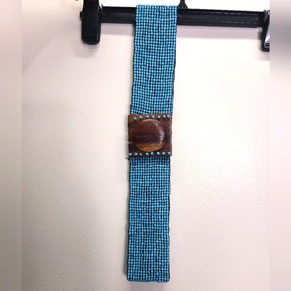 Vintage Beaded Stretch Belt Turquoise Wood Hook Western Boho 26”-34” Wide Turquoise Belt - Etsy main image 2